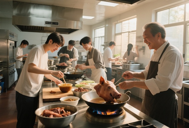 老師傅教學(xué)員做鹵豬頭肉